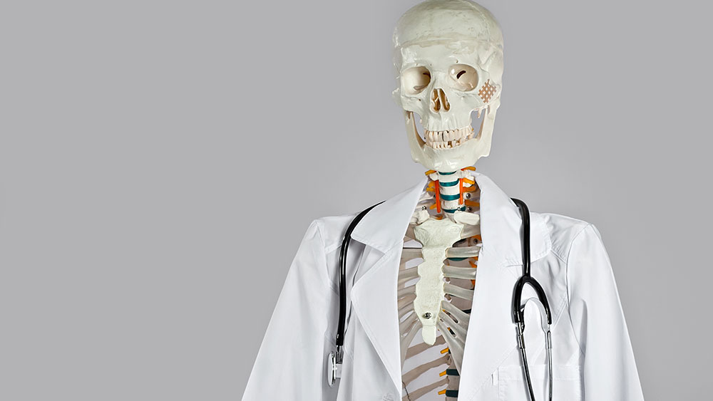 A skeleton dressed as a doctor